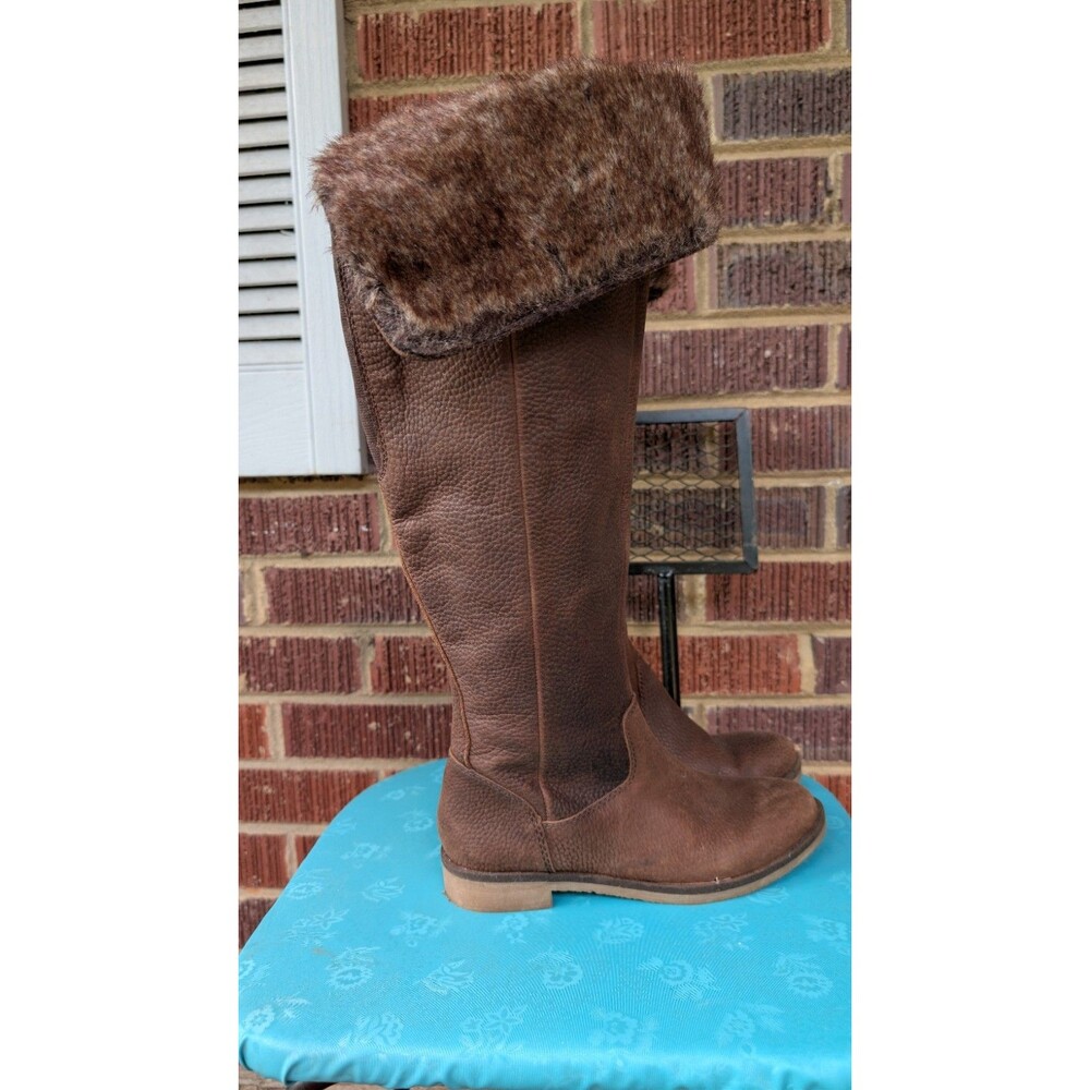 Lucky Brand Brown Leather Knee High Boots Faux Fur Cuff Riding- Zipper 6.5